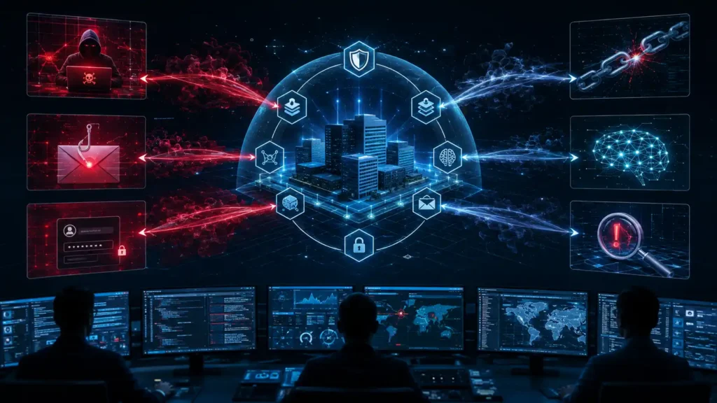 Modern cybersecurity threat landscape showing ransomware phishing and supply-chain attacks