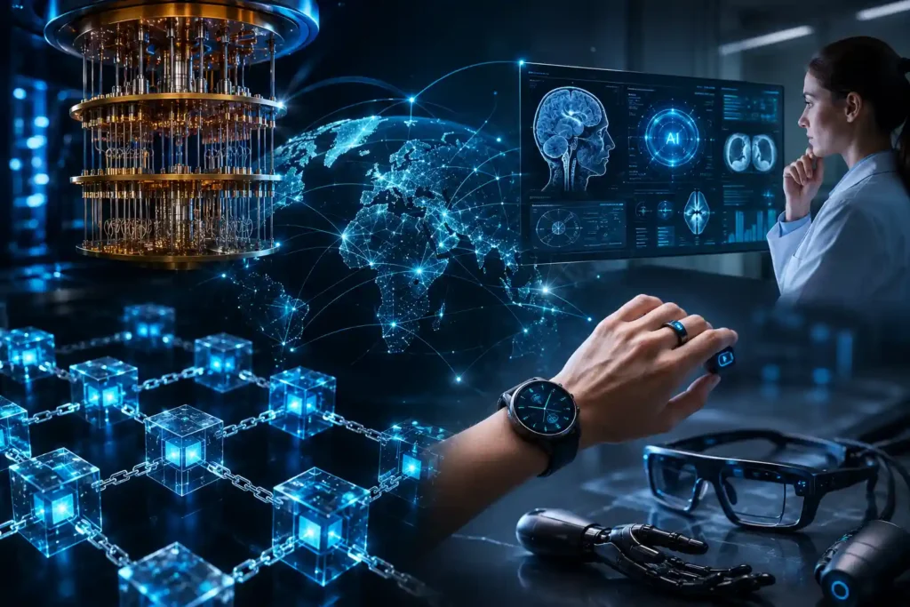 Emerging technologies beyond 2026 including quantum computing blockchain and healthcare AI