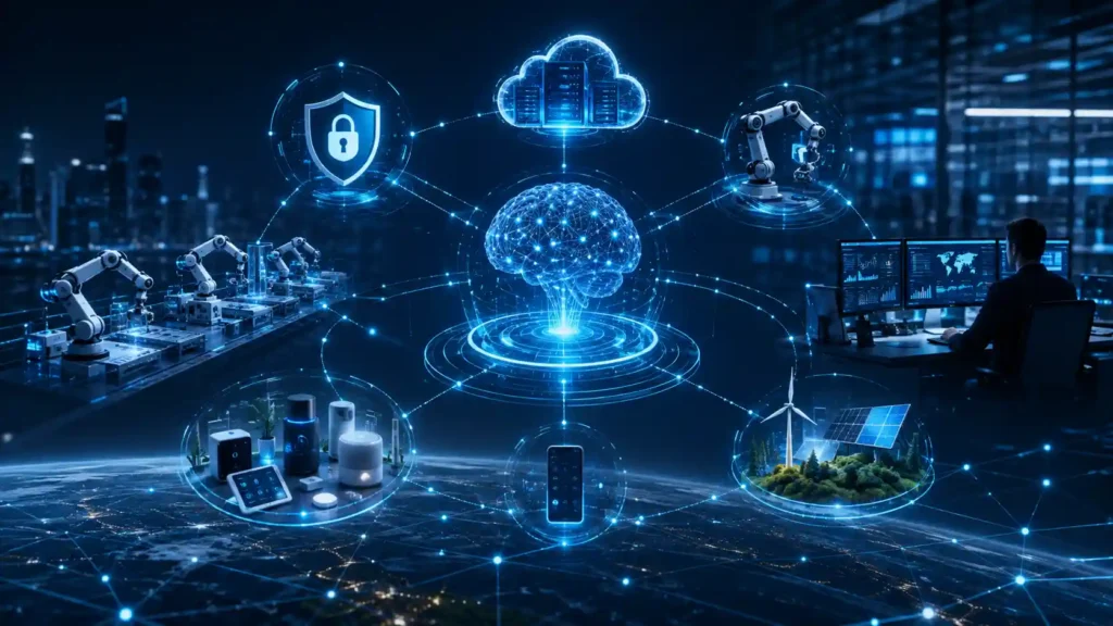 Interconnected technology ecosystem linking AI cybersecurity cloud and automation