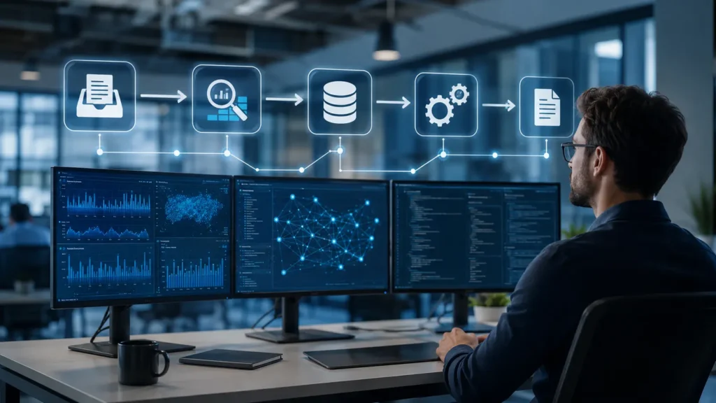 Human supervising an AI agent completing a multi-step enterprise workflow