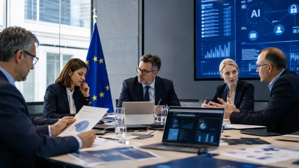 Technology professionals reviewing European AI regulation and governance requirements