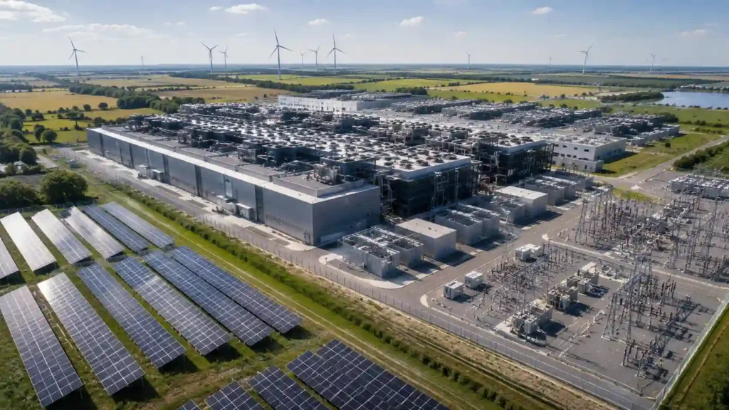 AI data center campus with renewable energy infrastructure