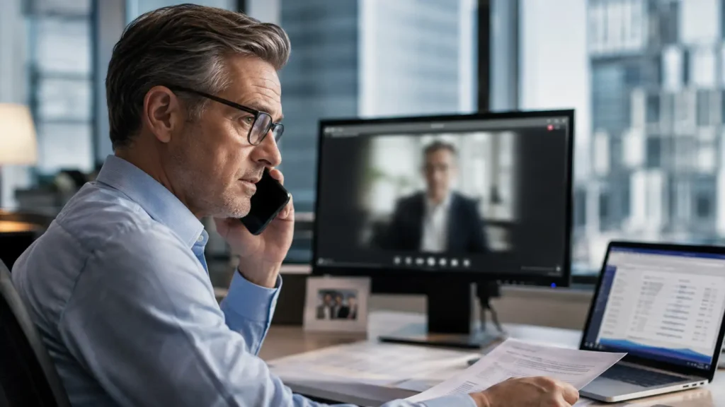 Employee verifying a suspicious executive video request to prevent deepfake fraud