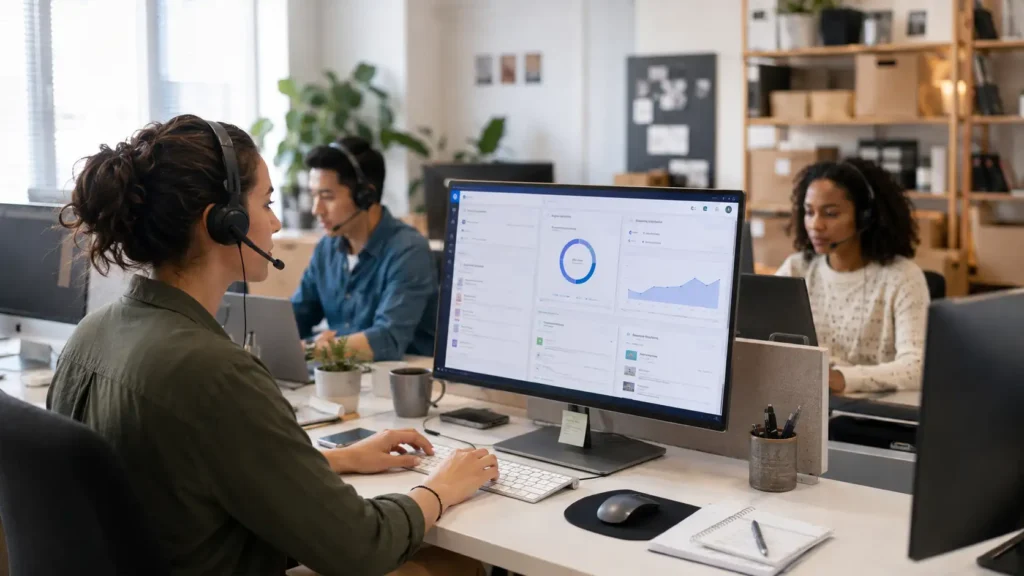 Small business employee supervising an AI customer support agent