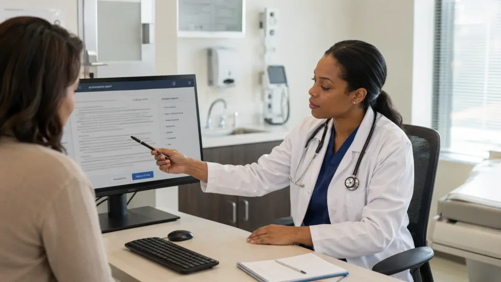 Physician reviewing an AI-generated clinical note before approving it