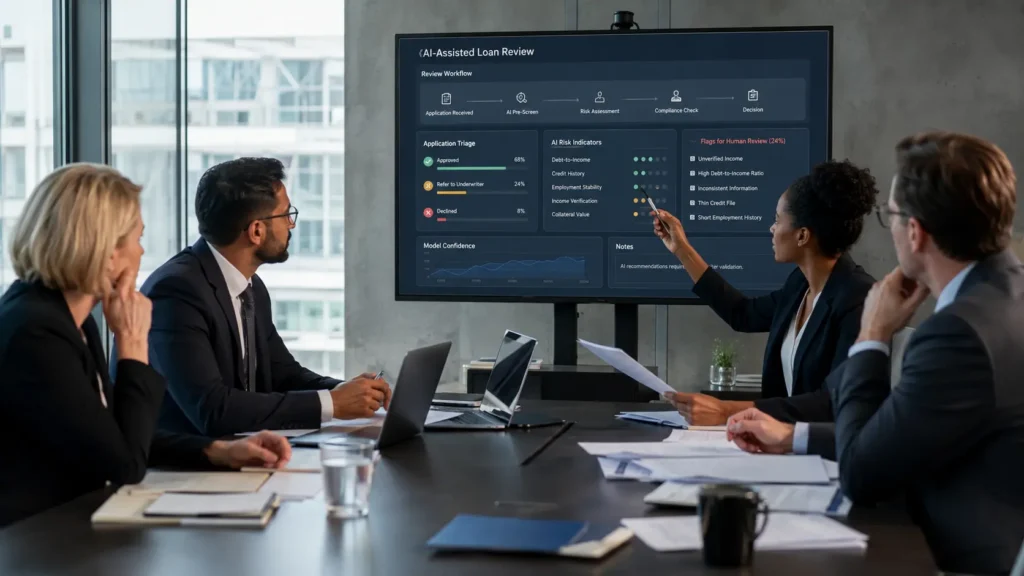 Financial compliance team reviewing an AI-assisted loan screening system