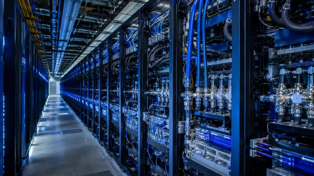 High-density AI data center with GPU servers and liquid cooling