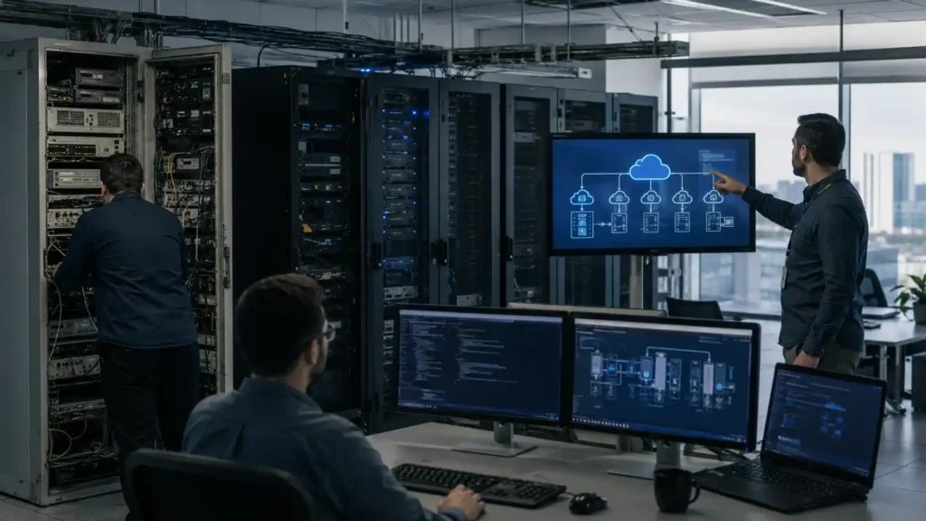 IT engineers managing a migration from legacy infrastructure to cloud
