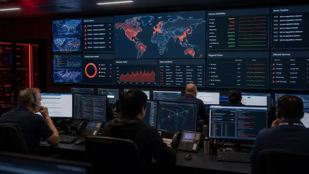 Network operations team responding to a major cloud outage