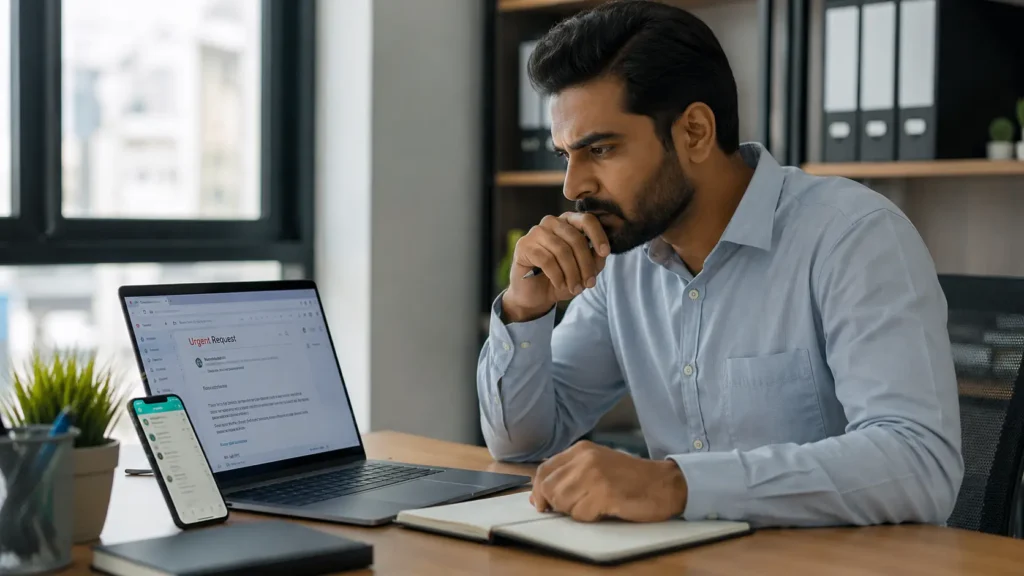 Employee reviewing a suspicious business email