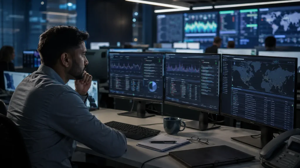 Cybersecurity analyst reviewing AI-assisted threat detection data