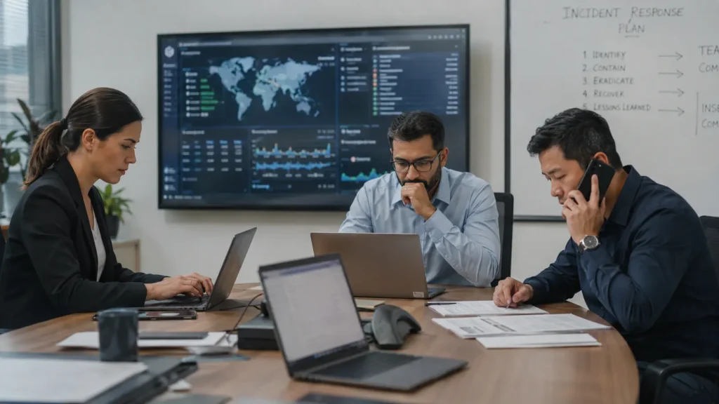 Small business team coordinating a cybersecurity incident response