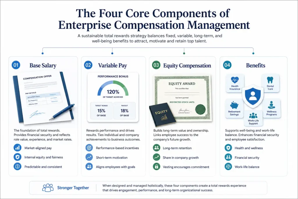 Infographic showing the four components of enterprise compensation: base salary, variable pay, equity, and benefits.
