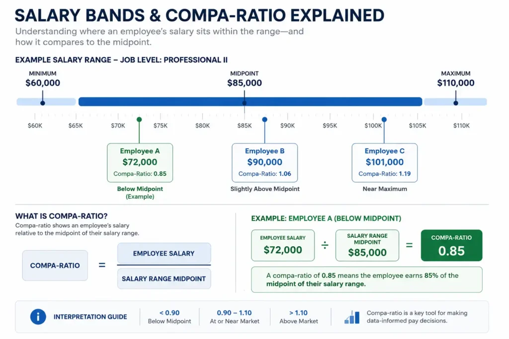 Diagram showing a salary range with minimum, midpoint, maximum, and employee compa-ratio positions.