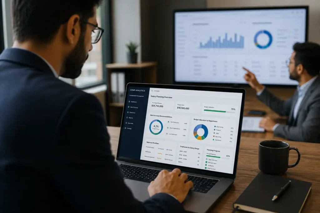 Compensation analyst using enterprise software to manage salary planning, budgets, and approval workflows.