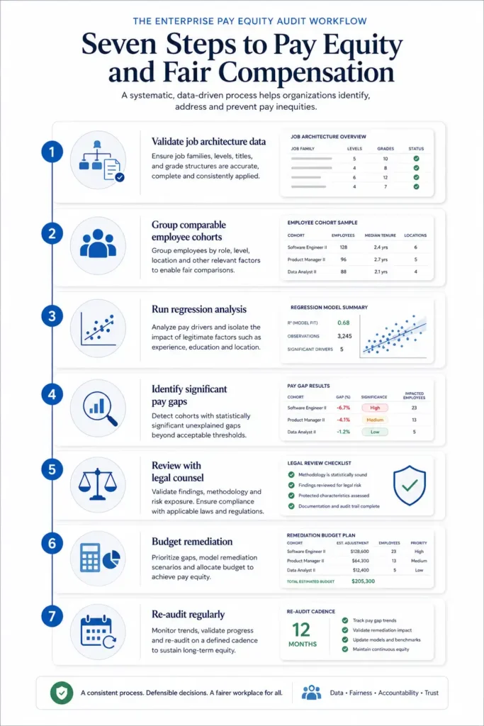 Seven-step enterprise pay equity audit process from data validation through remediation and re-auditing.