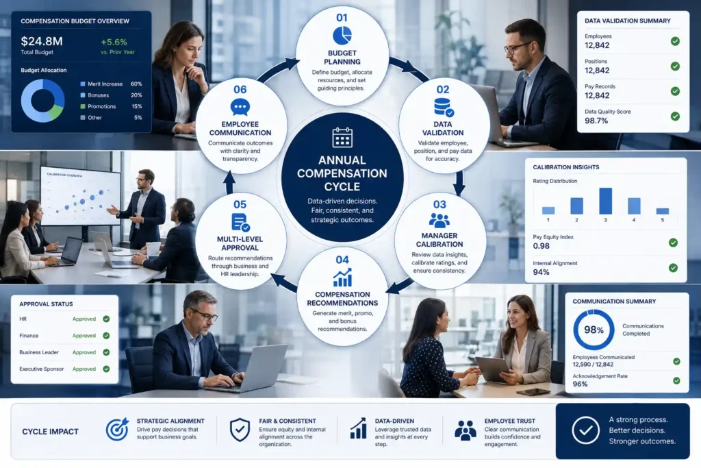 Enterprise annual compensation cycle showing planning, calibration, approvals, and employee communication.