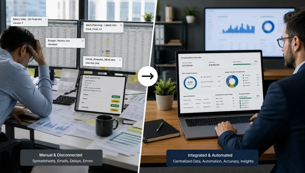 Comparison between manual spreadsheet-based compensation planning and modern enterprise compensation software.