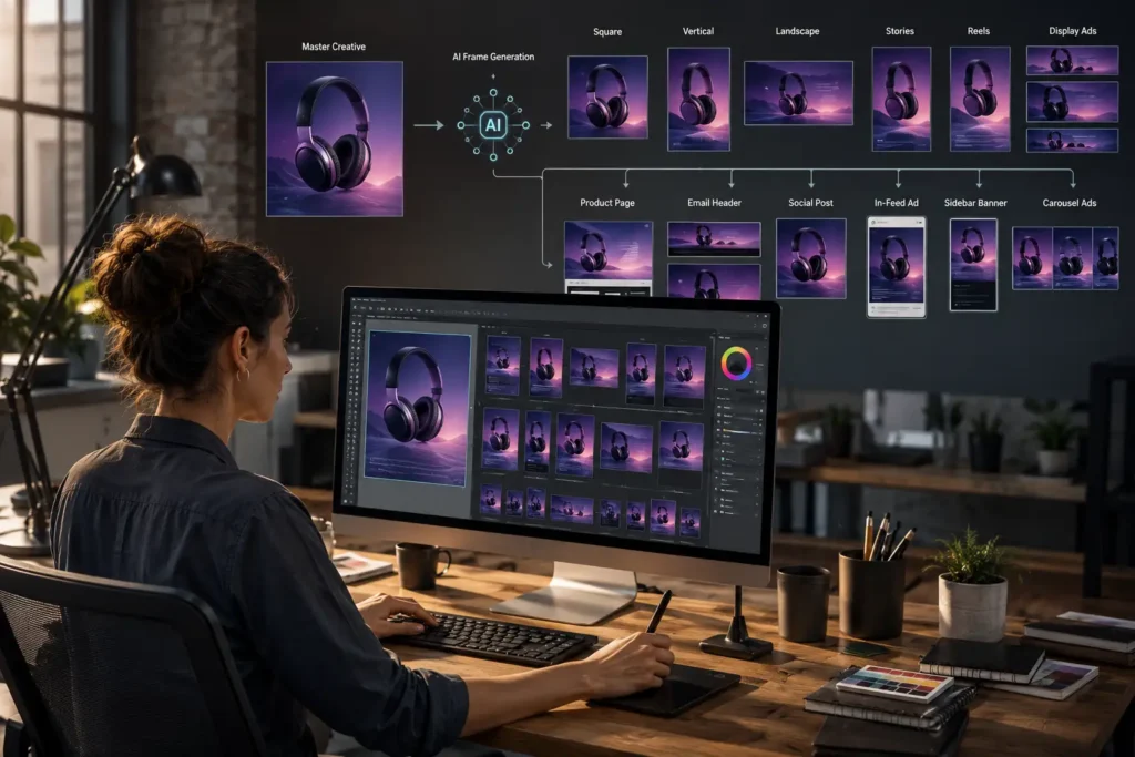 AI workflow generating consistent advertising frame variations from one master creative