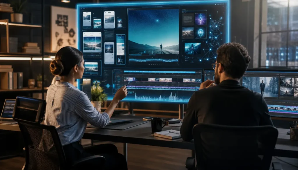 Human designers reviewing and refining AI-generated design and video frames