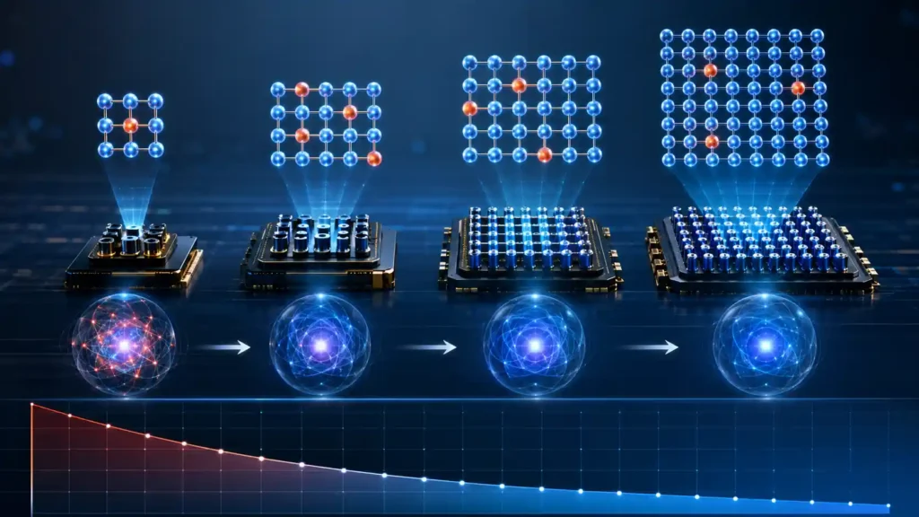 Quantum error correction showing reduced errors as qubit grids scale